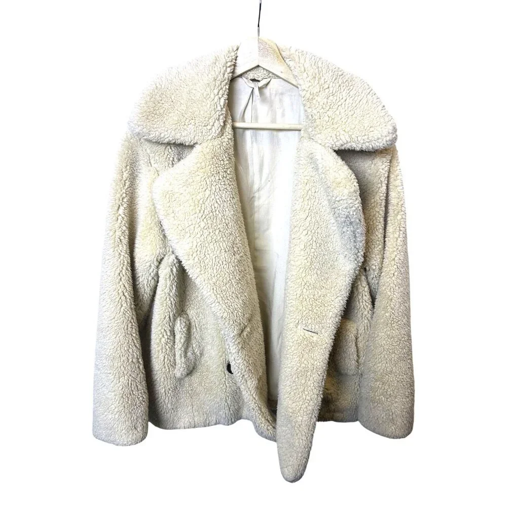 Free People Teddy Sherpa Pea Coat Oatmeal XS Cozy & Soft Double Breasted Jacket - Picture 5 of 11